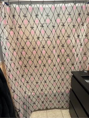 Betsey Johnson Pink and Black Skull Bow Shower Curtain